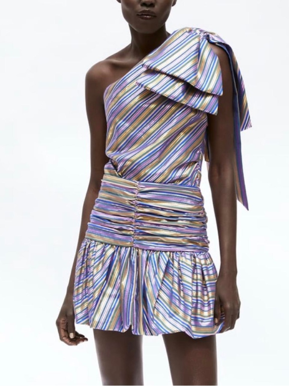 Zara Metallic One-Shoulder Striped Top (top only)  in Lavender, Gold & Blue M